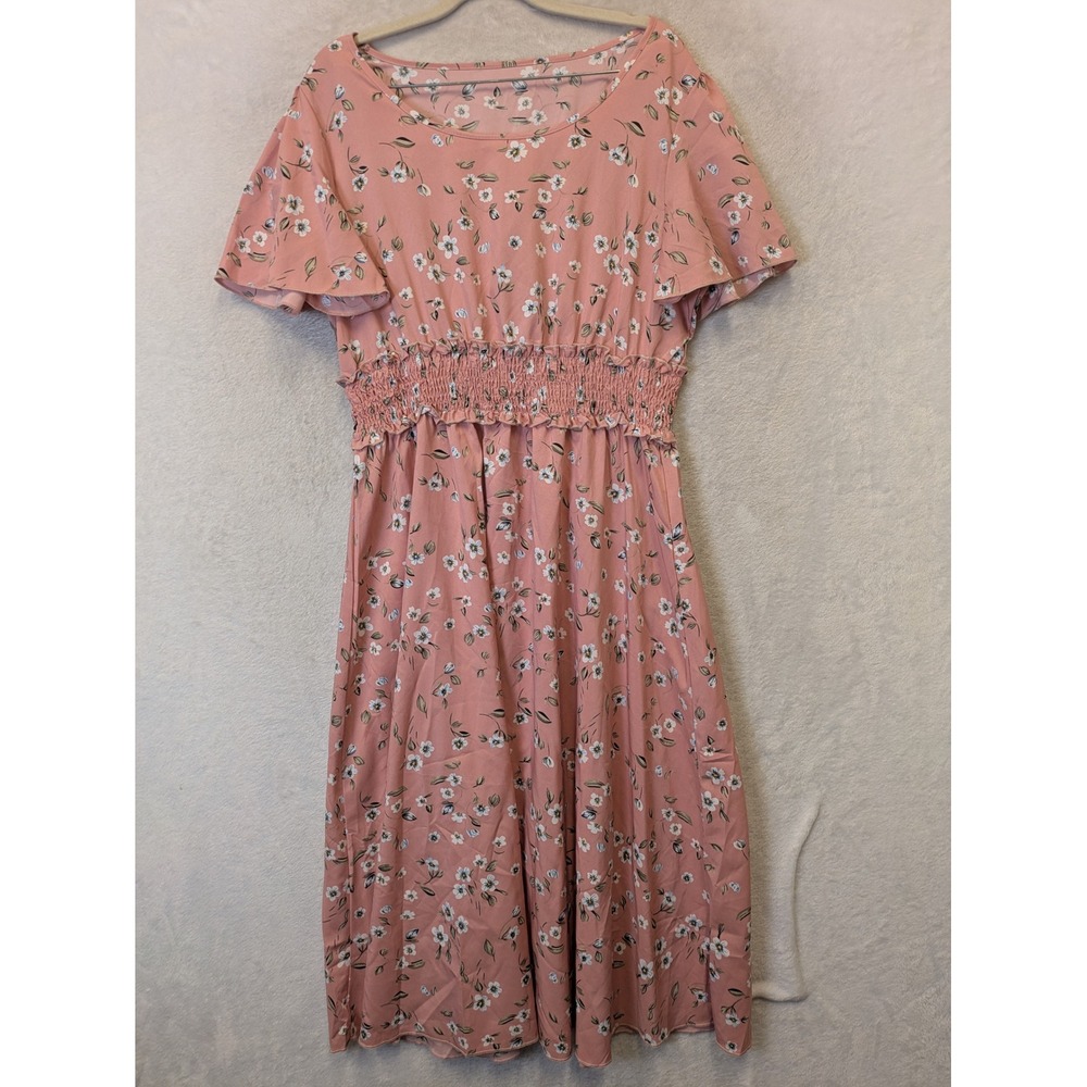 SHEIN Floral Midi Dress Women's XL Pink Smocked Waist Flutter Sleeve Boho Summer